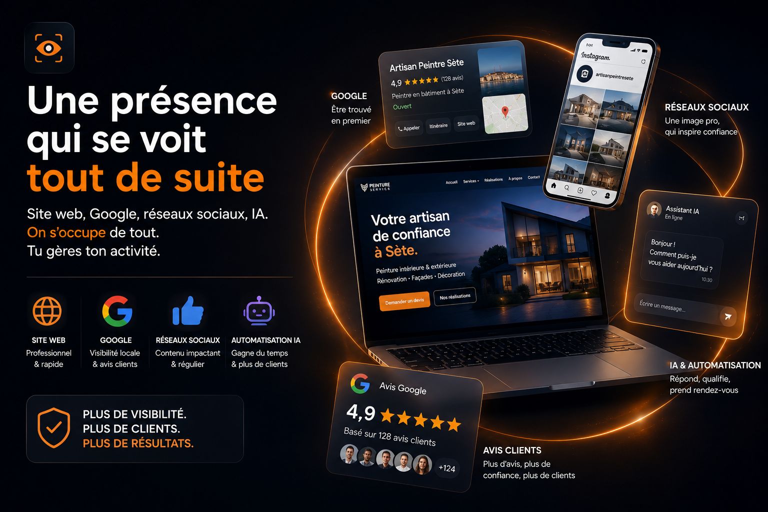 Une présence digitale complète — Site web, Google, Réseaux sociaux, IA · Fenix Services